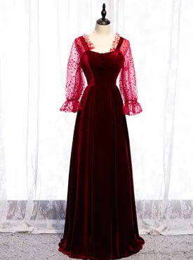A-Line Burgundy Velvet Long Sleeve Backless Prom Dress