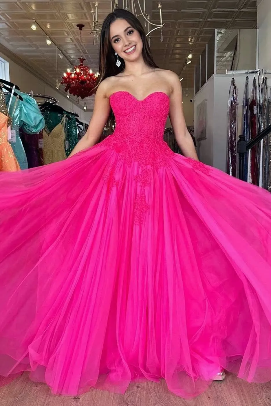A-Line Hot Pink Tulle Lace StraplessLong Prom Dress
