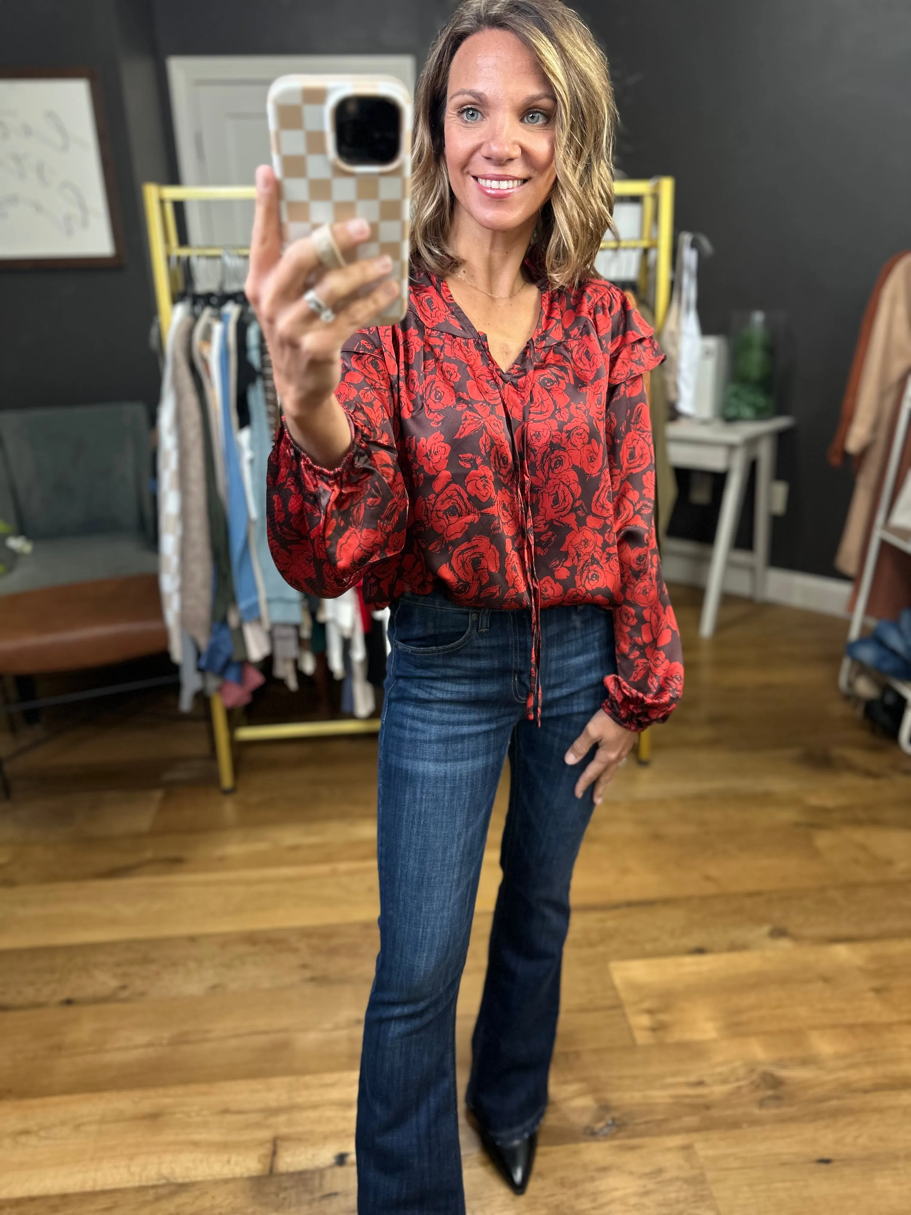 Addison Rust Floral Top with Ruffle Detail