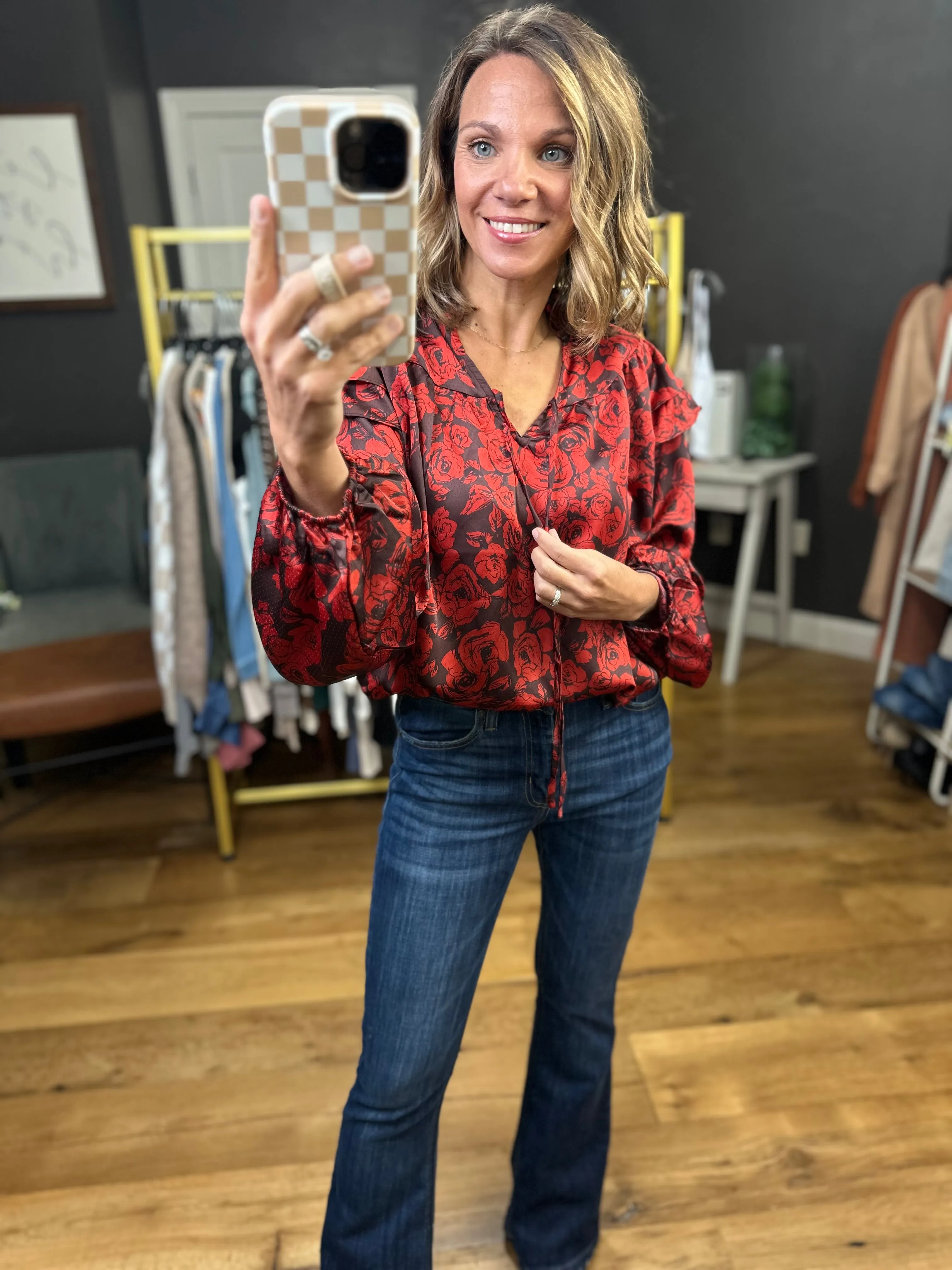 Addison Rust Floral Top with Ruffle Detail