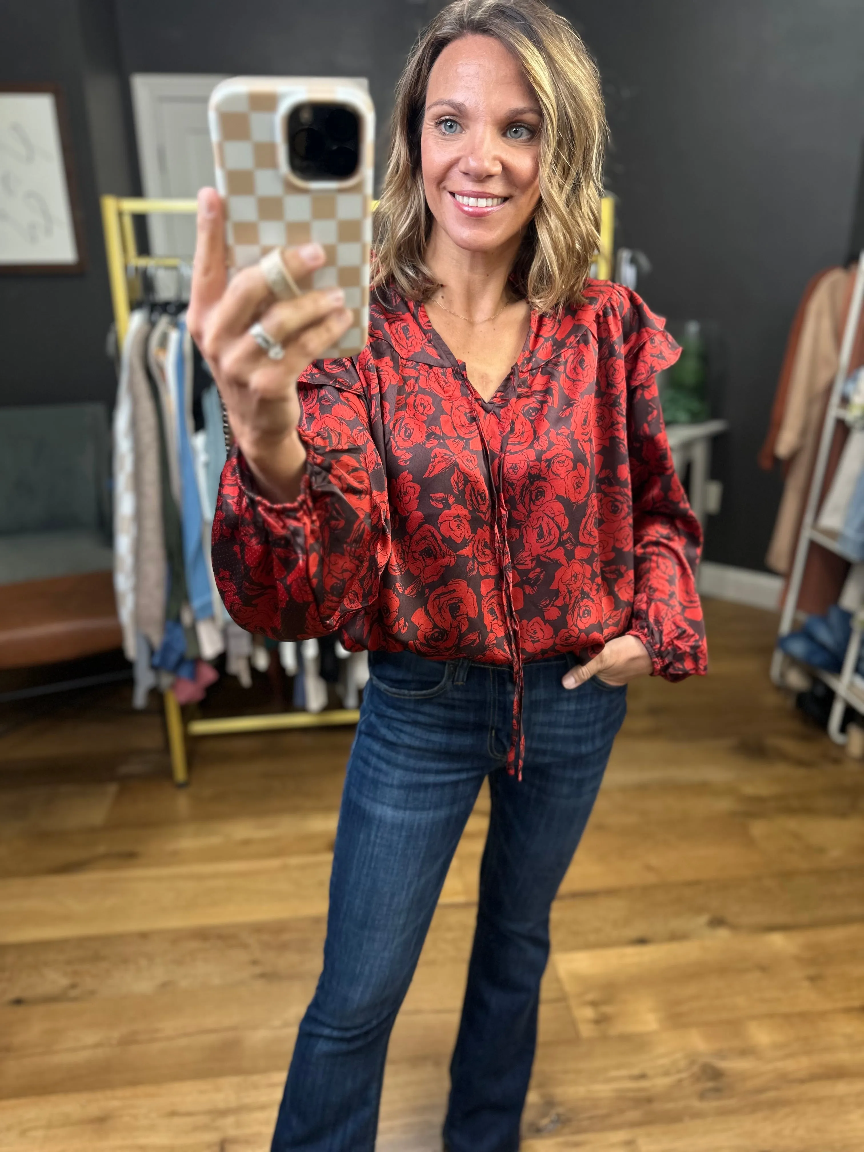 Addison Rust Floral Top with Ruffle Detail