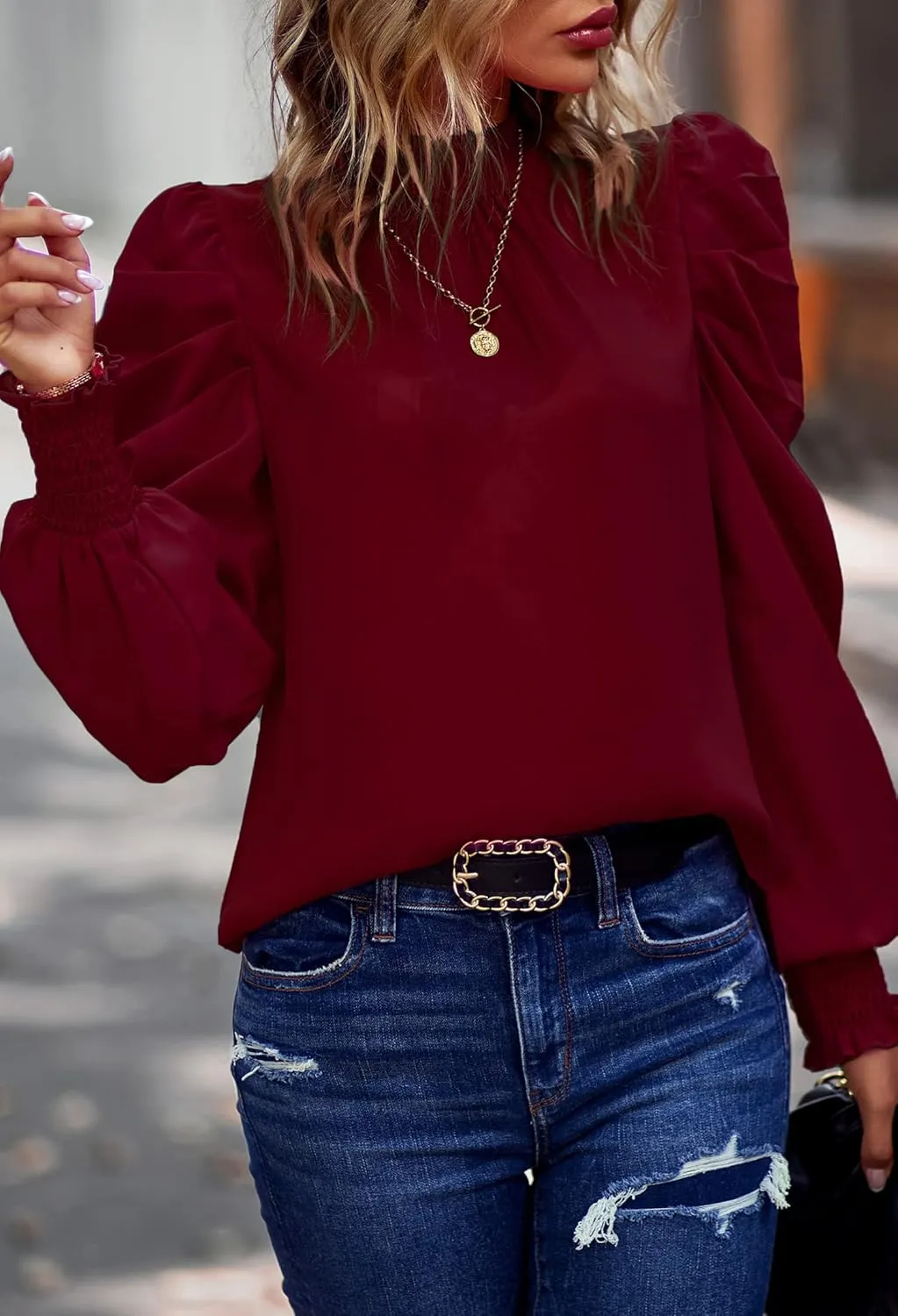 Angashion Womens Tops Casual Crewneck Long Lantern Sleeve Self Tie Blouses Solid Tunic Shirts 2025