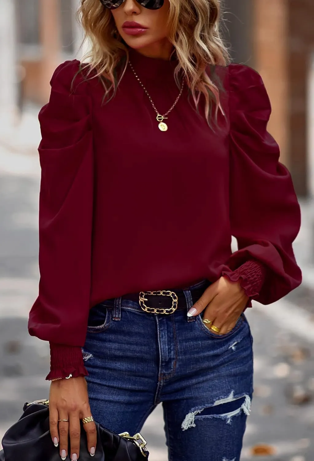 Angashion Womens Tops Casual Crewneck Long Lantern Sleeve Self Tie Blouses Solid Tunic Shirts 2025