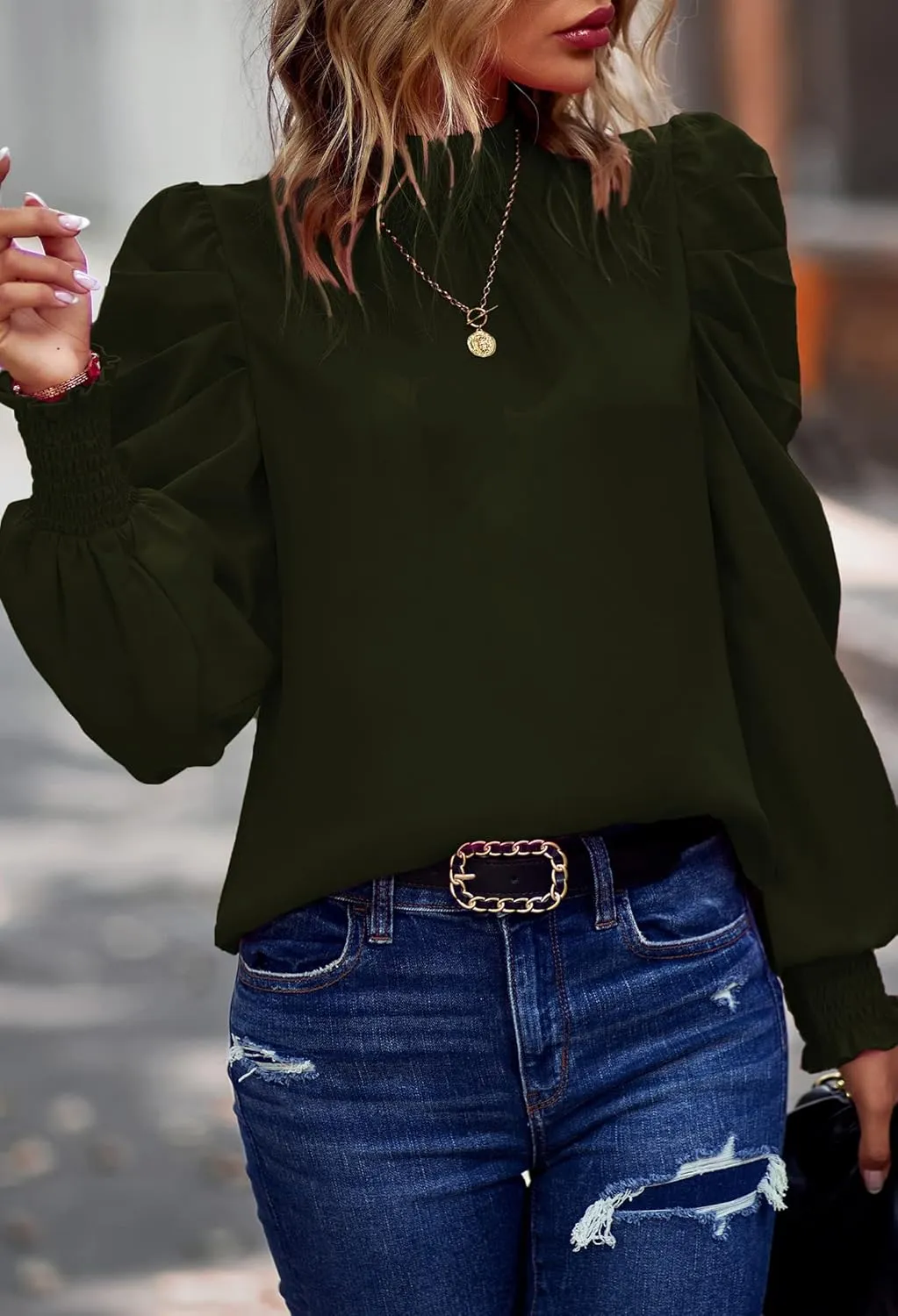 Angashion Womens Tops Casual Crewneck Long Lantern Sleeve Self Tie Blouses Solid Tunic Shirts 2025