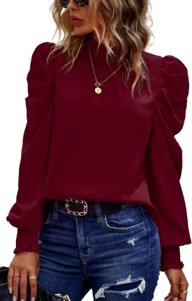 Angashion Womens Tops Casual Crewneck Long Lantern Sleeve Self Tie Blouses Solid Tunic Shirts 2025