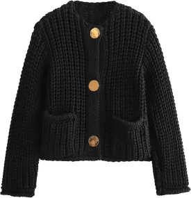 Arssm Womens Cropped Cardigan Sweaters Chunky Open Front Button Down Knit Sweater Long Sleeve Loose Cardigan Outerwear