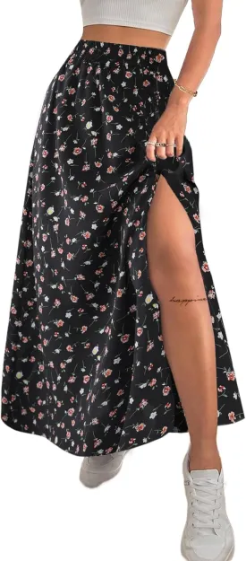 Avanova Women Boho Floral Slit Maxi Skirt Split Thigh High Waisted Long Sexy Skirt