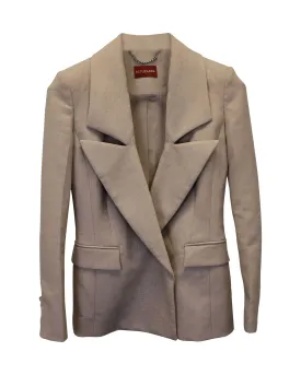 Beige Stretch Wool Structured Blazer with Wide Lapels and Satin Lining