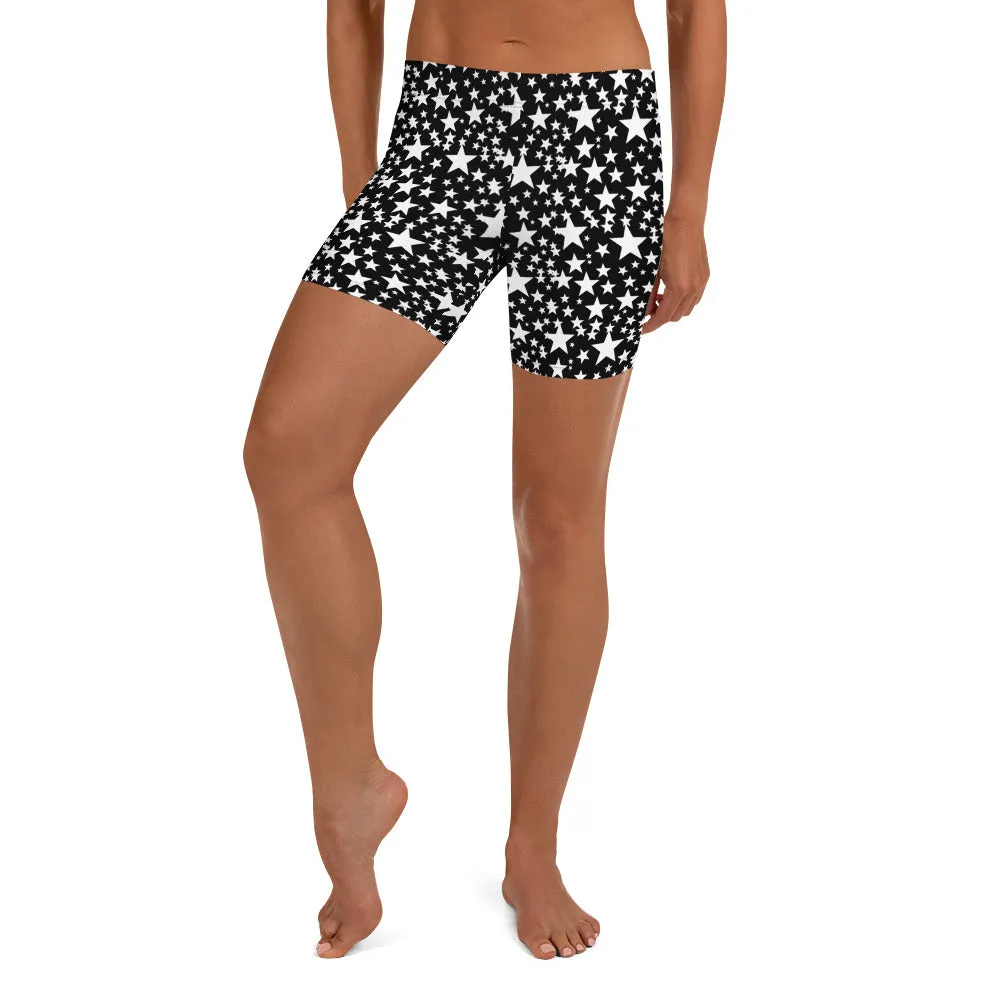 Black White Stars Women's Tights, Stars Print Pattern Women's Elastic Shorts Short Stretchy Tights-Made in USA/EU