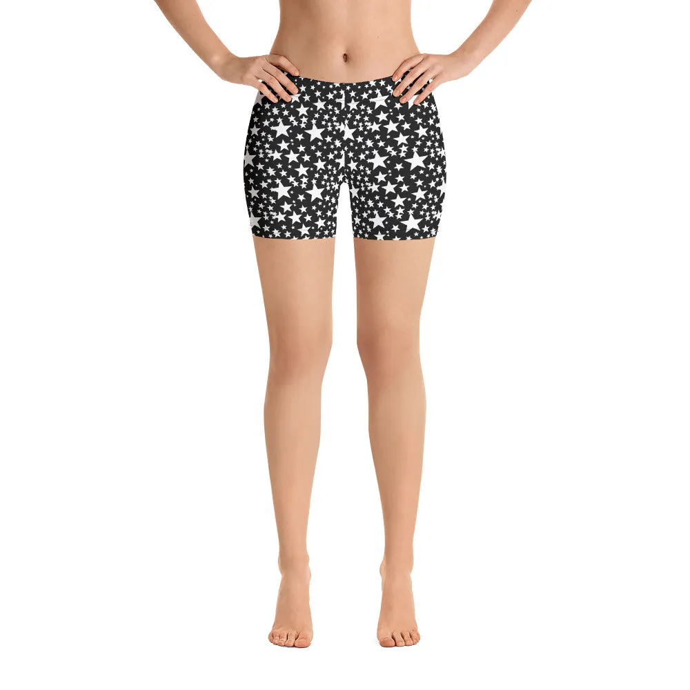 Black White Stars Women's Tights, Stars Print Pattern Women's Elastic Shorts Short Stretchy Tights-Made in USA/EU