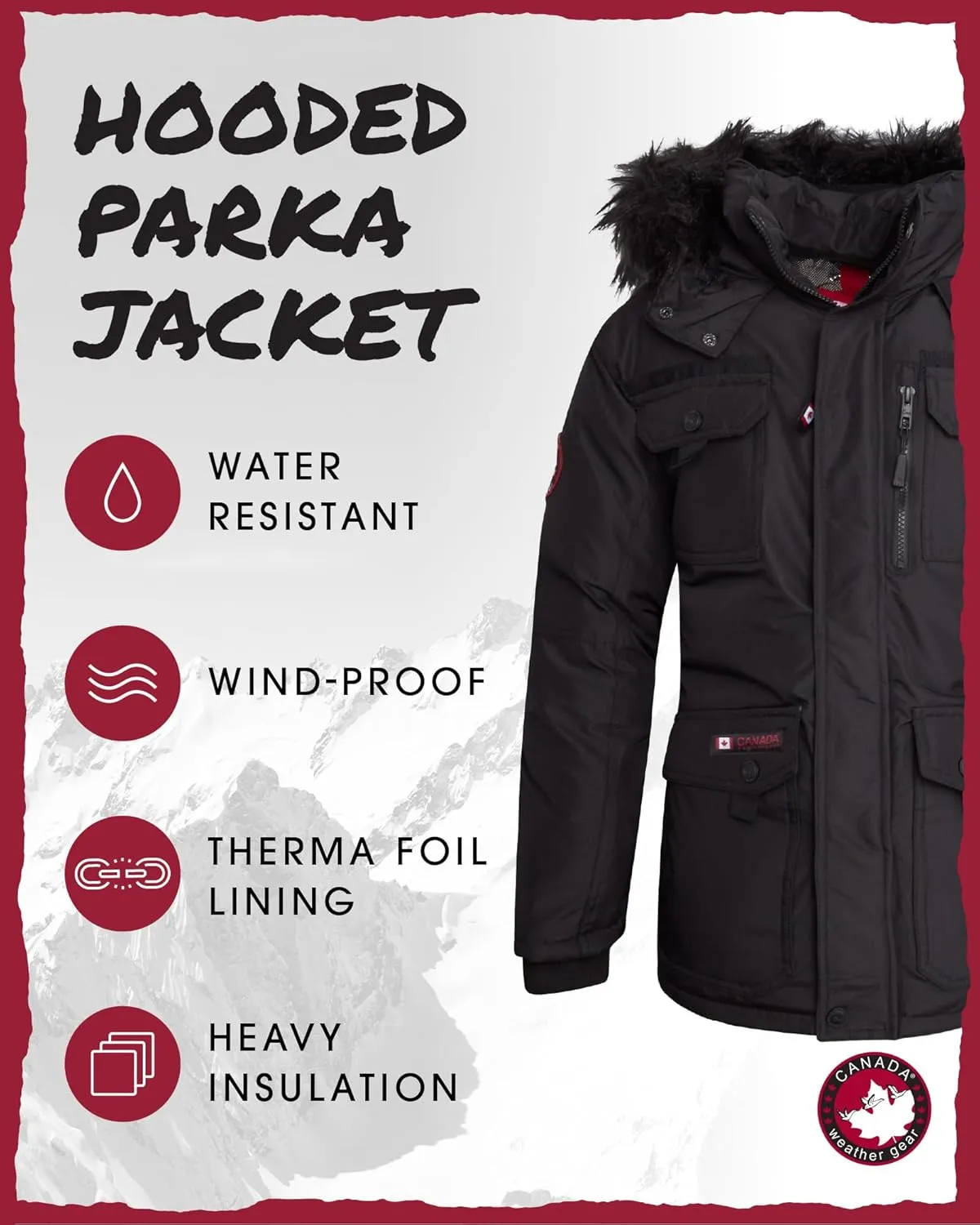 CANADA WEATHER GEAR Boys' Winter Jacket - Heavyweight Water and Wind Resistant Hooded Parka Ski Jacket for Boys (Sizes: 5-20)