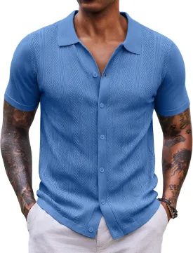 COOFANDY Mens Knit Button Down Shirts Short Sleeve Vintage Polo Shirt Casual Vacation Beach Shirts