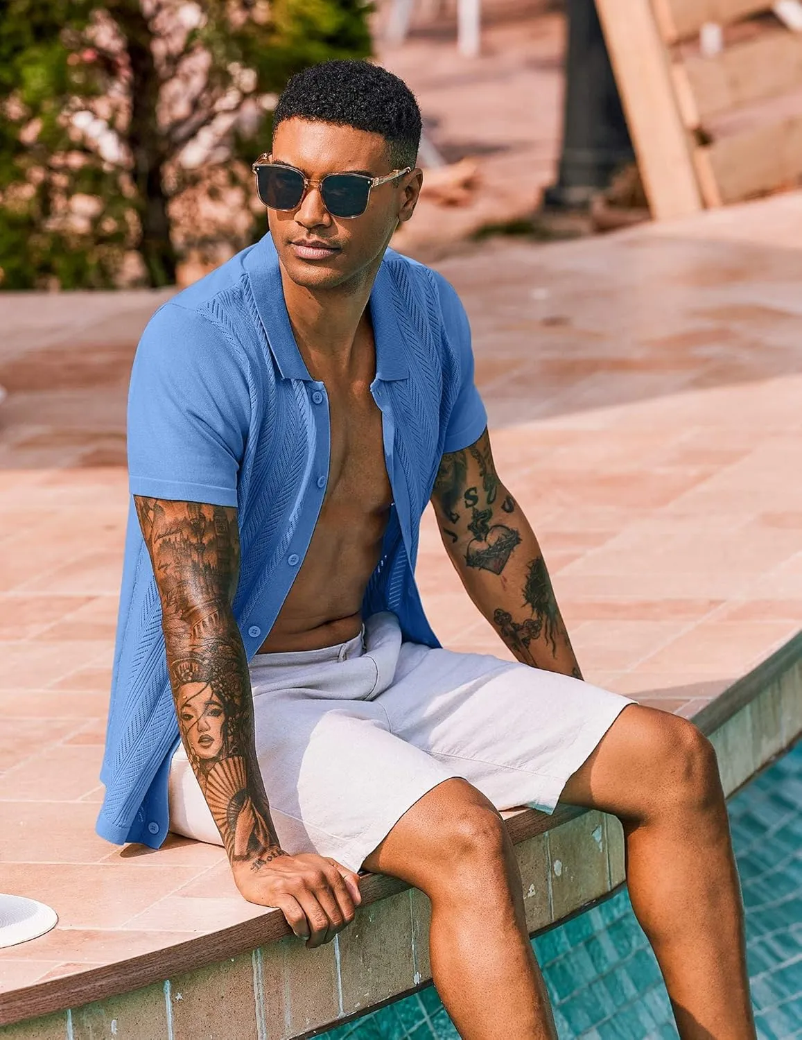 COOFANDY Mens Knit Button Down Shirts Short Sleeve Vintage Polo Shirt Casual Vacation Beach Shirts