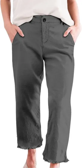 Cotton Linen Cropped Pants Women Straight Leg Capris Summer Business Casual Work Pants Ankle Length Chino Trousers