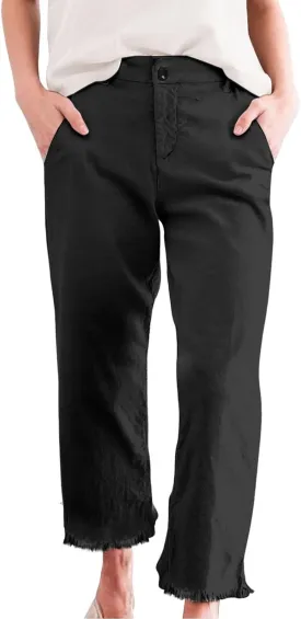 Cotton Linen Cropped Pants Women Straight Leg Capris Summer Business Casual Work Pants Ankle Length Chino Trousers