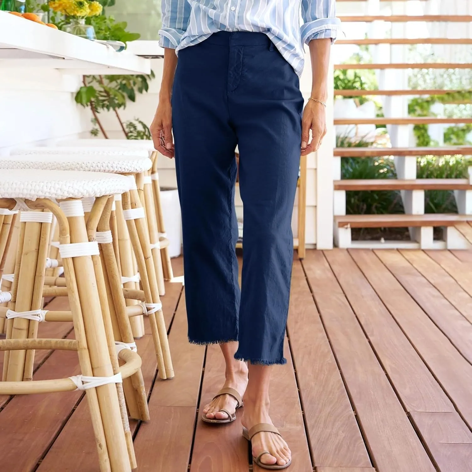 Cotton Linen Cropped Pants Women Straight Leg Capris Summer Business Casual Work Pants Ankle Length Chino Trousers