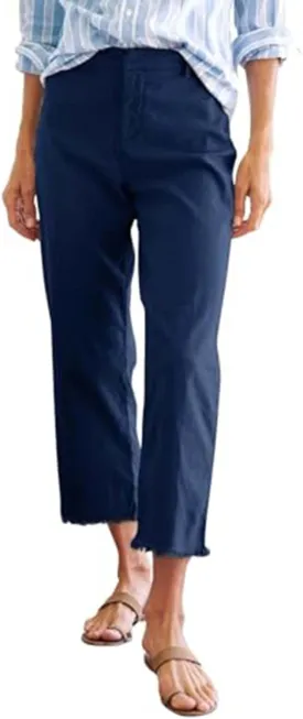 Cotton Linen Cropped Pants Women Straight Leg Capris Summer Business Casual Work Pants Ankle Length Chino Trousers