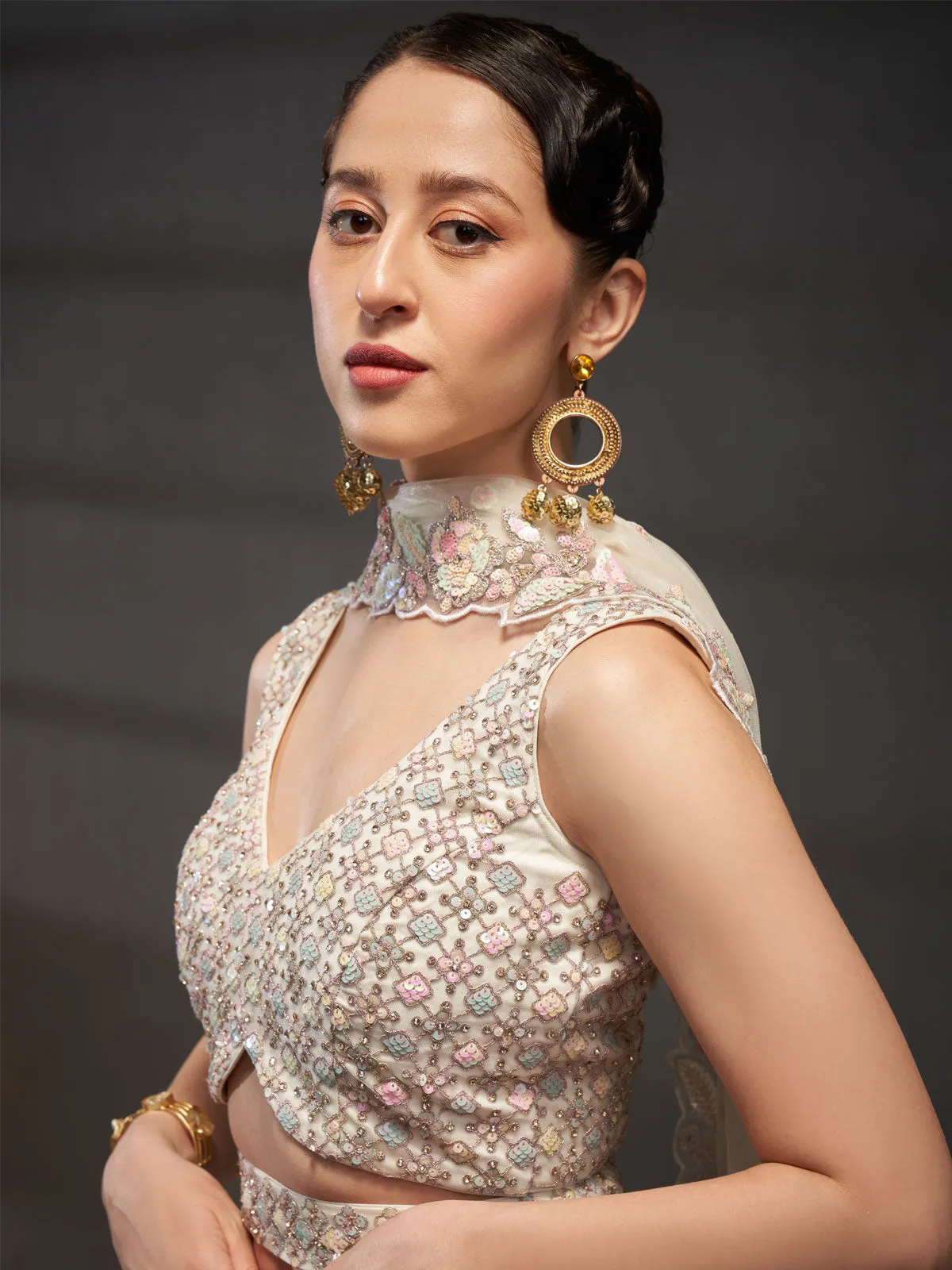 Cream Net Multi Sequins with heavy Zarkan embroidery Semi-Stitched Lehenga choli and Dupatta