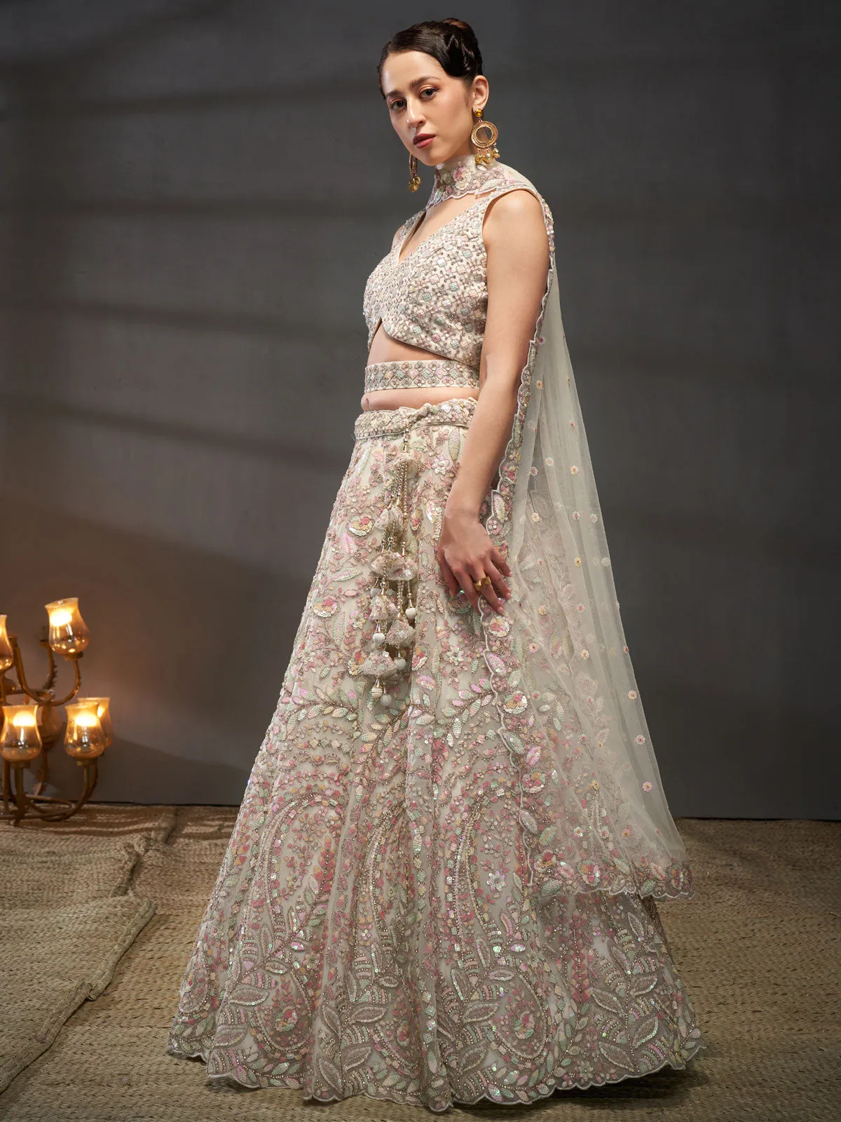 Cream Net Multi Sequins with heavy Zarkan embroidery Semi-Stitched Lehenga choli and Dupatta