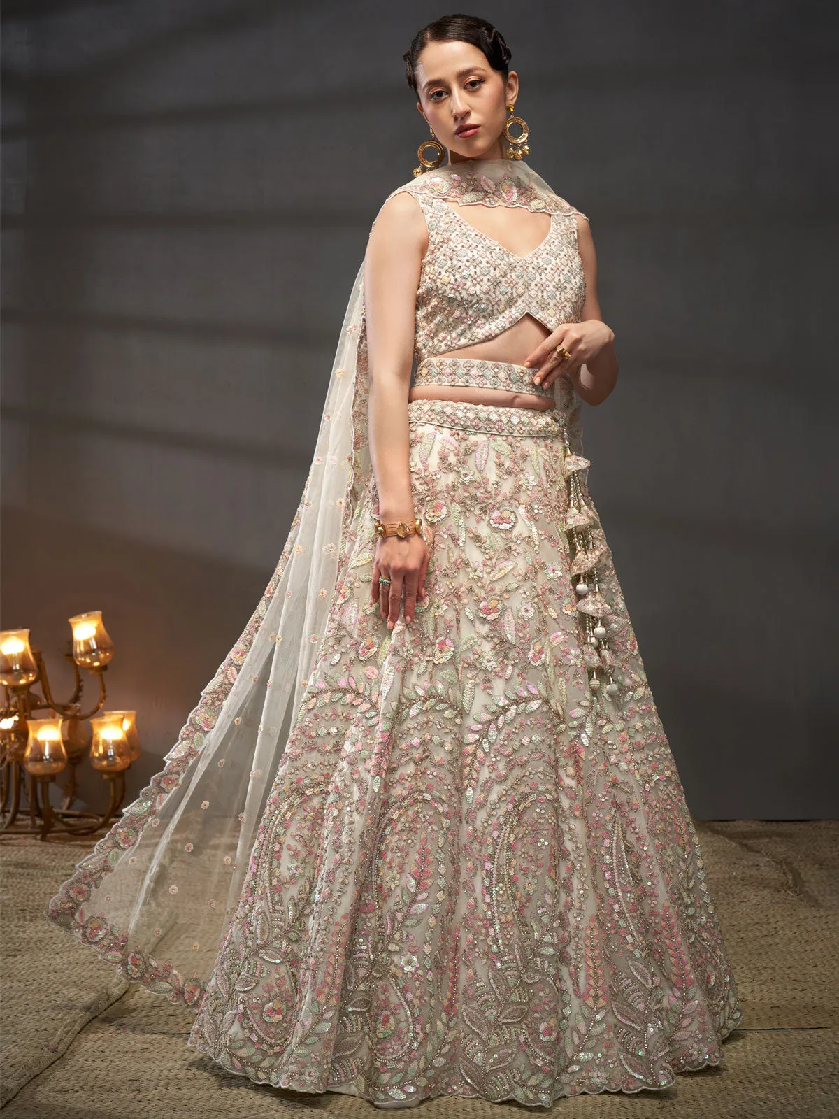 Cream Net Multi Sequins with heavy Zarkan embroidery Semi-Stitched Lehenga choli and Dupatta