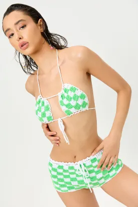 Eliza Crochet Halter Bikini Top - Jade Checker