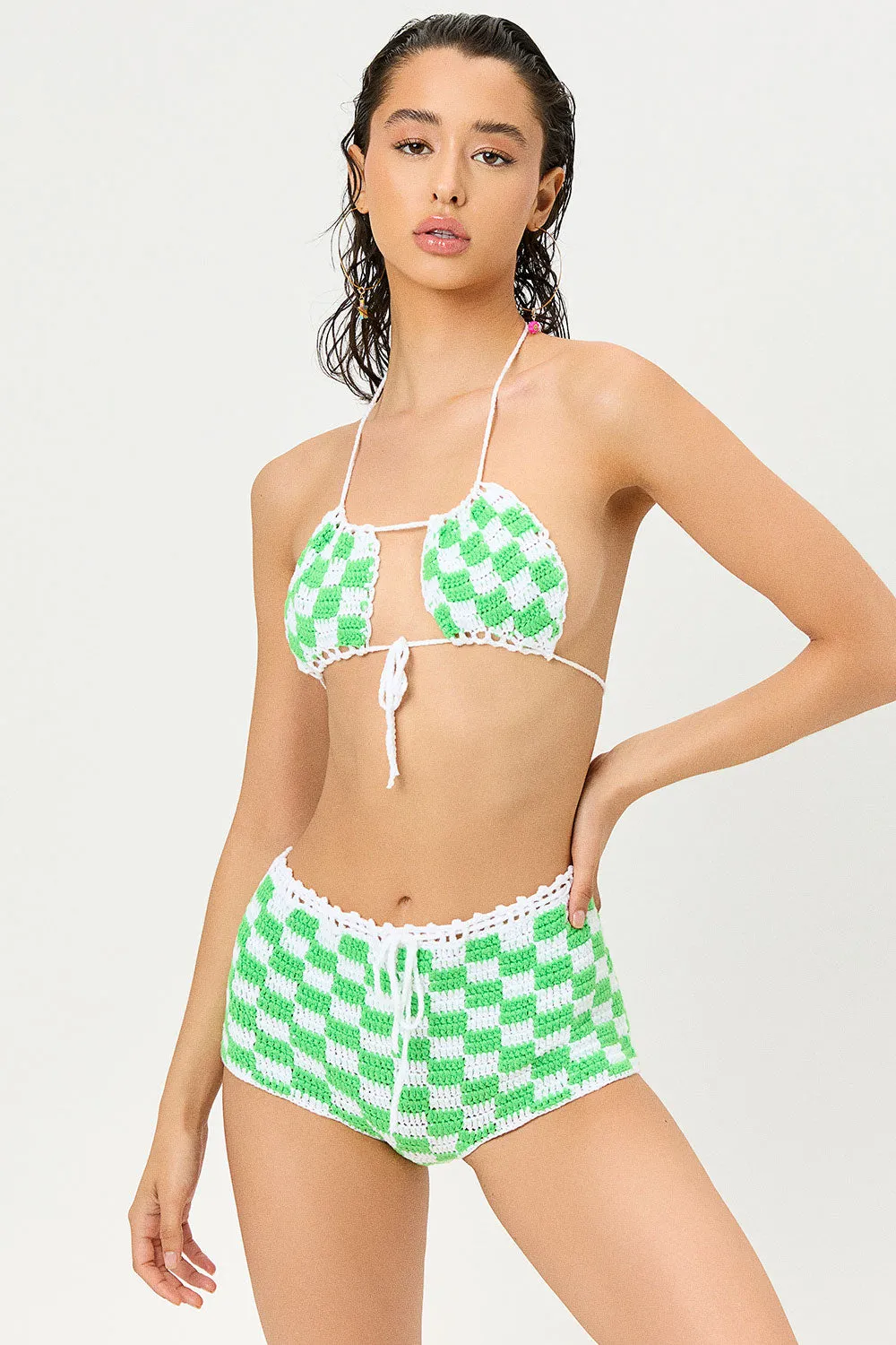 Eliza Crochet Halter Bikini Top - Jade Checker