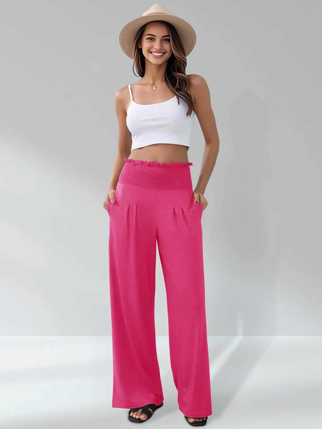 GEMLON Women's Palazzo Pants High Waisted Elastic Wide Leg Casual Lounge Pants with Pockets