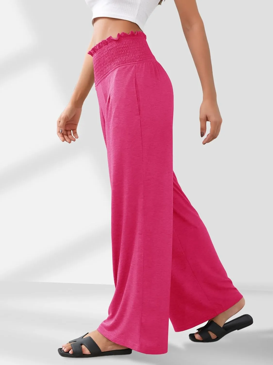GEMLON Women's Palazzo Pants High Waisted Elastic Wide Leg Casual Lounge Pants with Pockets