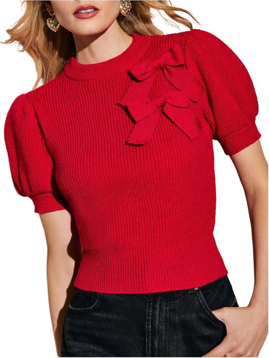GORGLITTER Women's Puff Short Sleeve Cropped Sweater Tops Cute Chunky Fall Fashion Knit Crop Sweaters 2025