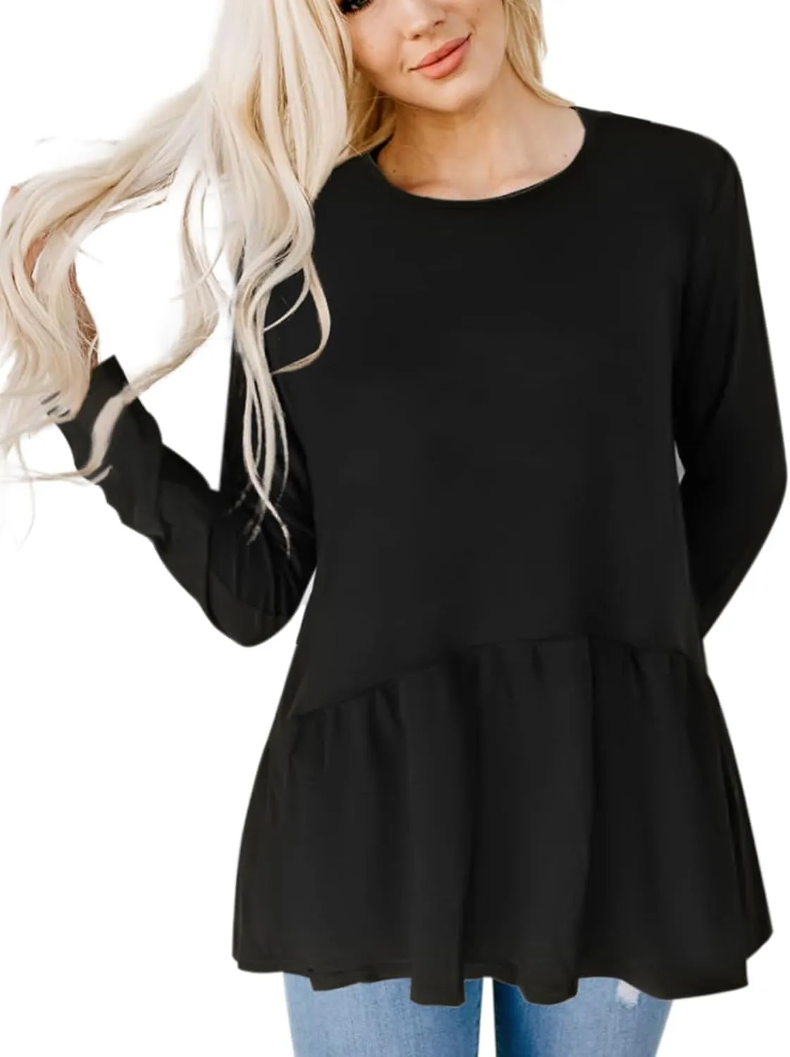 Hibluco Women's Long Sleeve Shirt Ruffle Hem Peplum Tops Loose Babydoll Blouses