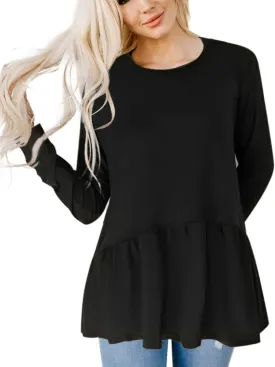Hibluco Women's Long Sleeve Shirt Ruffle Hem Peplum Tops Loose Babydoll Blouses