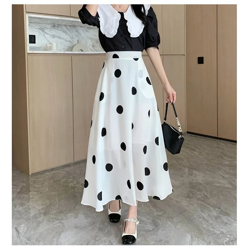 High-Waisted Chiffon Polka Dot Pocket Full Skirt Style Elastic Waist Skirt