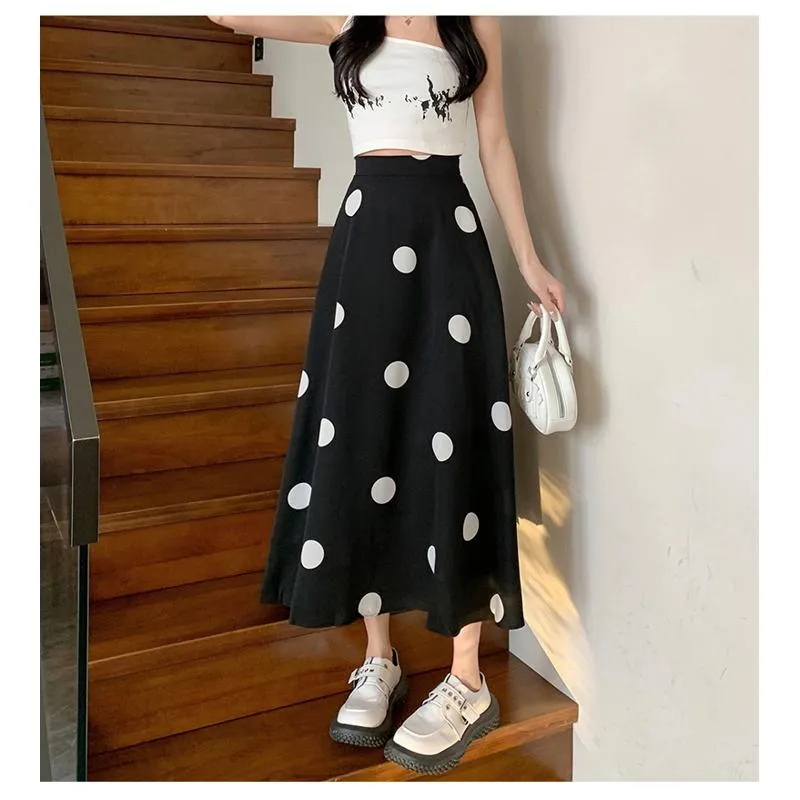 High-Waisted Chiffon Polka Dot Pocket Full Skirt Style Elastic Waist Skirt