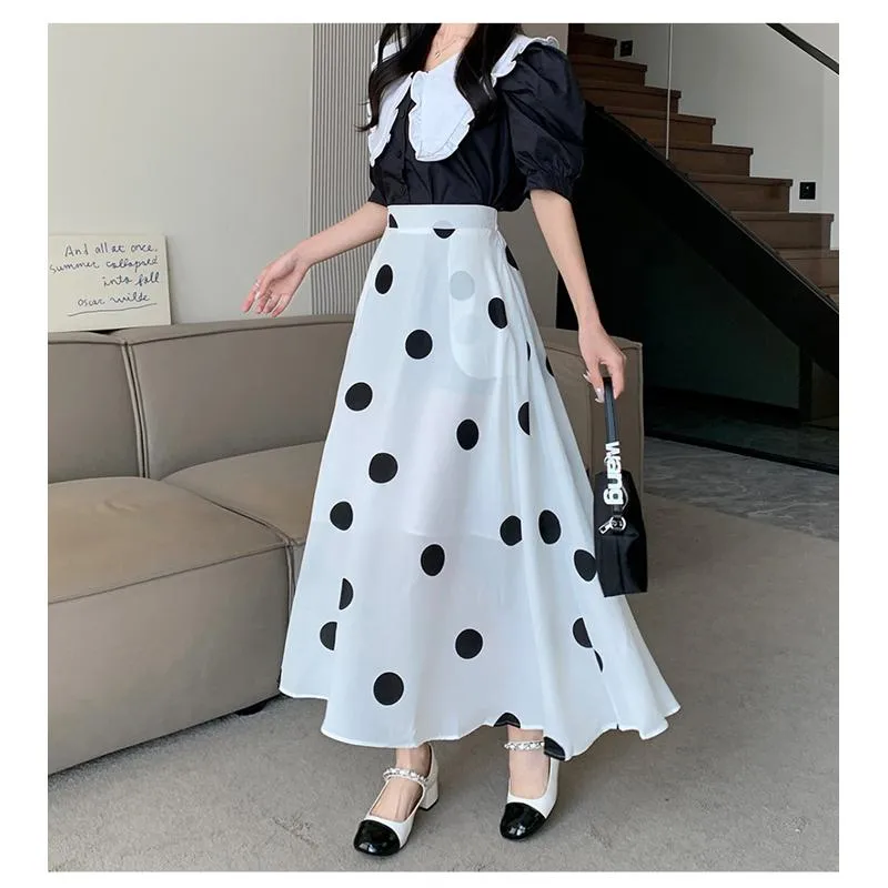 High-Waisted Chiffon Polka Dot Pocket Full Skirt Style Elastic Waist Skirt