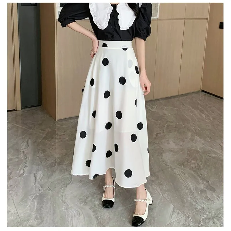 High-Waisted Chiffon Polka Dot Pocket Full Skirt Style Elastic Waist Skirt