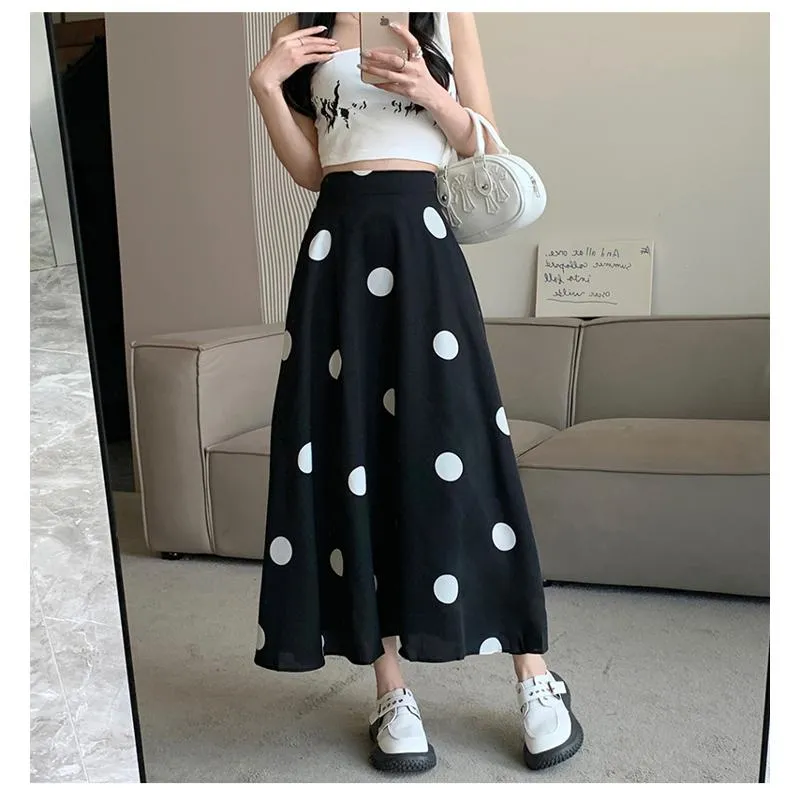 High-Waisted Chiffon Polka Dot Pocket Full Skirt Style Elastic Waist Skirt