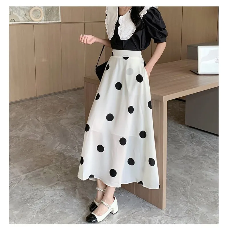 High-Waisted Chiffon Polka Dot Pocket Full Skirt Style Elastic Waist Skirt