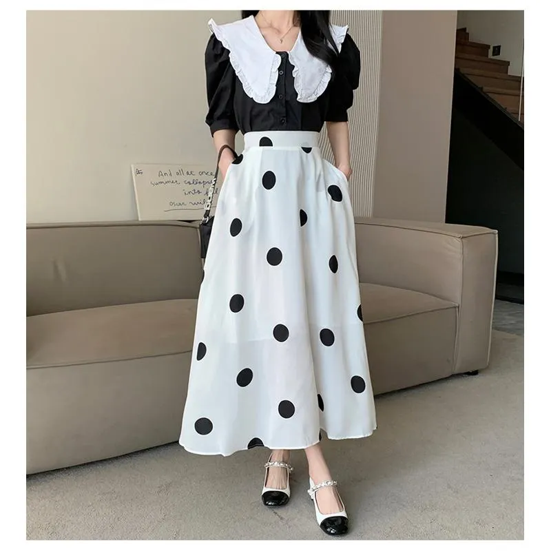 High-Waisted Chiffon Polka Dot Pocket Full Skirt Style Elastic Waist Skirt