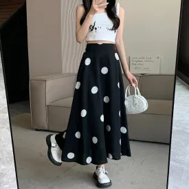 High-Waisted Chiffon Polka Dot Pocket Full Skirt Style Elastic Waist Skirt
