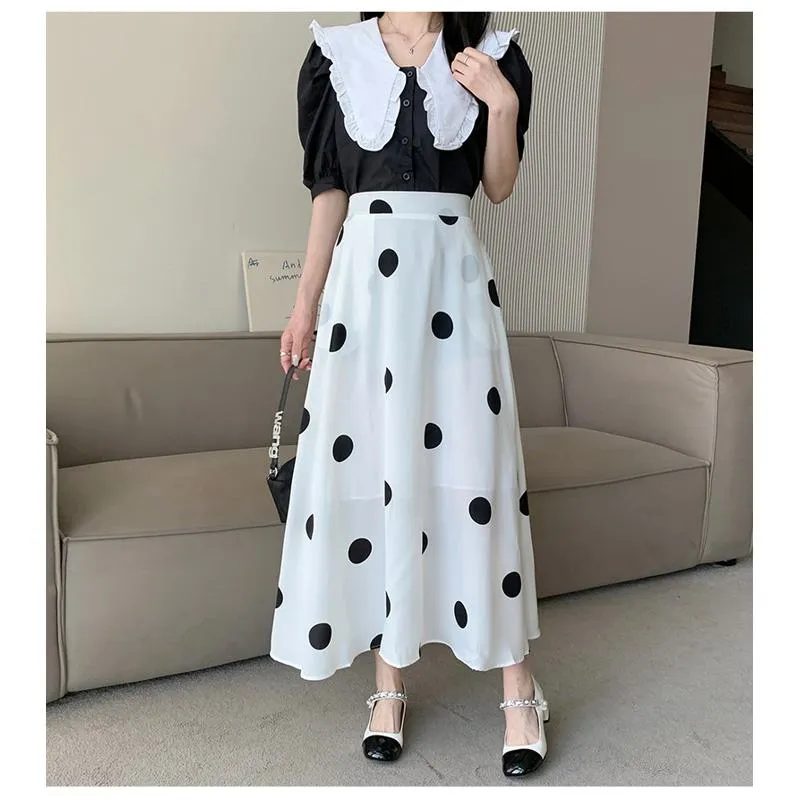 High-Waisted Chiffon Polka Dot Pocket Full Skirt Style Elastic Waist Skirt