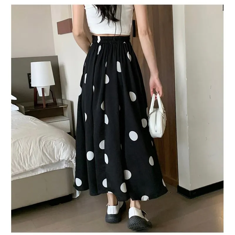 High-Waisted Chiffon Polka Dot Pocket Full Skirt Style Elastic Waist Skirt