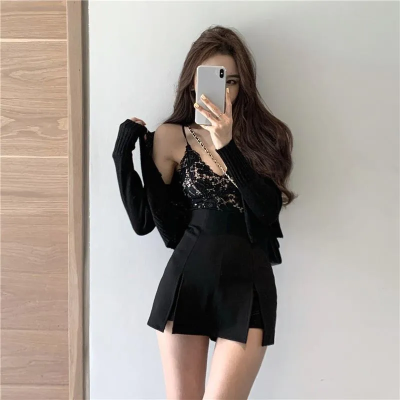 High-Waisted Split Hem Black Bodycon Skirt