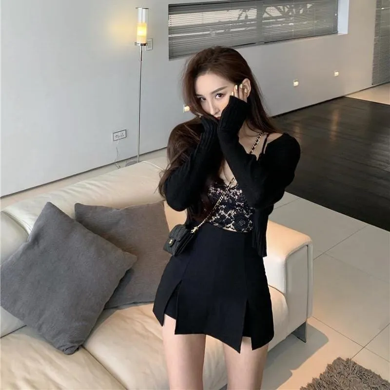 High-Waisted Split Hem Black Bodycon Skirt