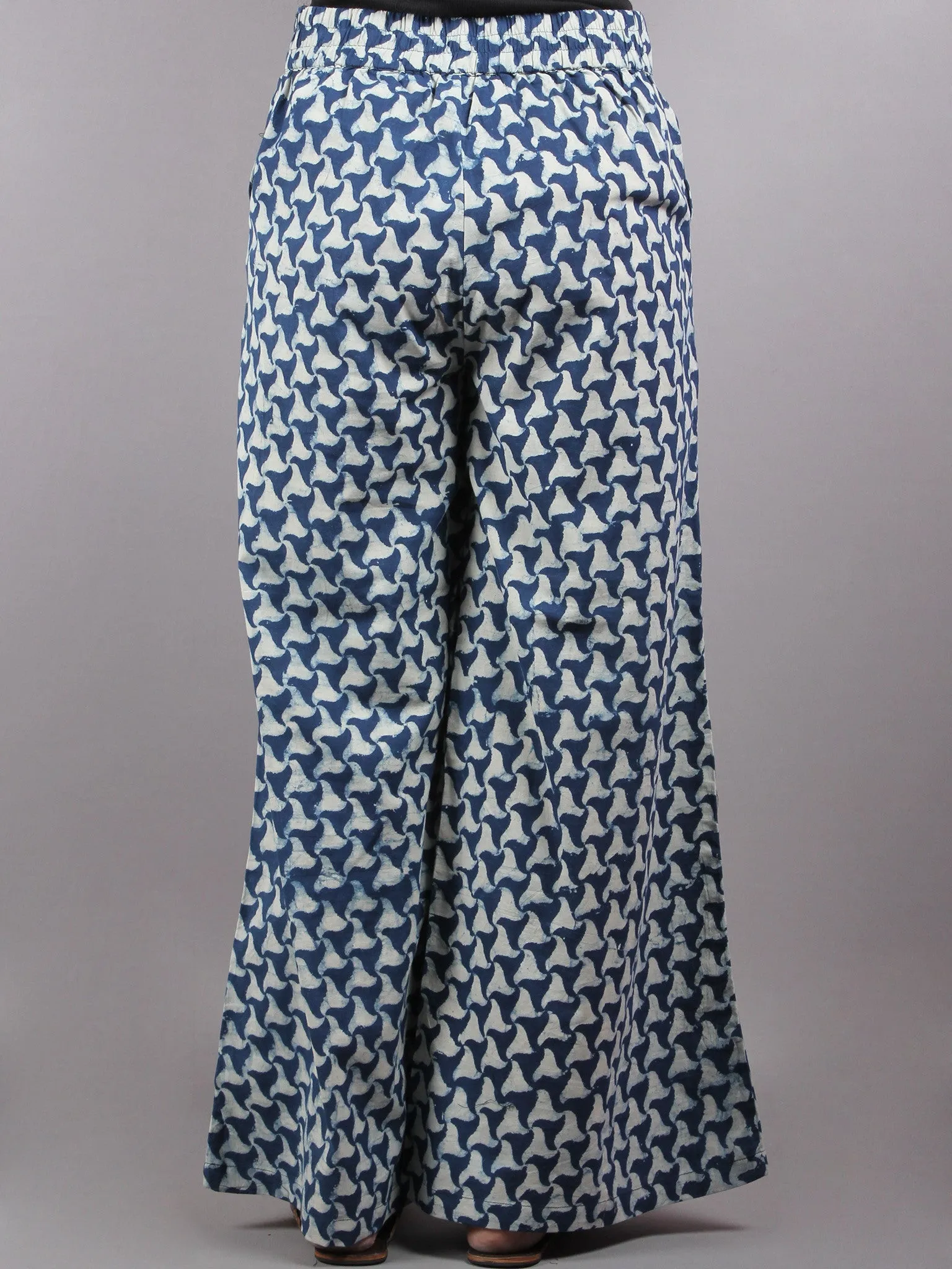 Indigo Hand Block Printed Elasticated Waist Pleated Cotton Palazzo - P1117058