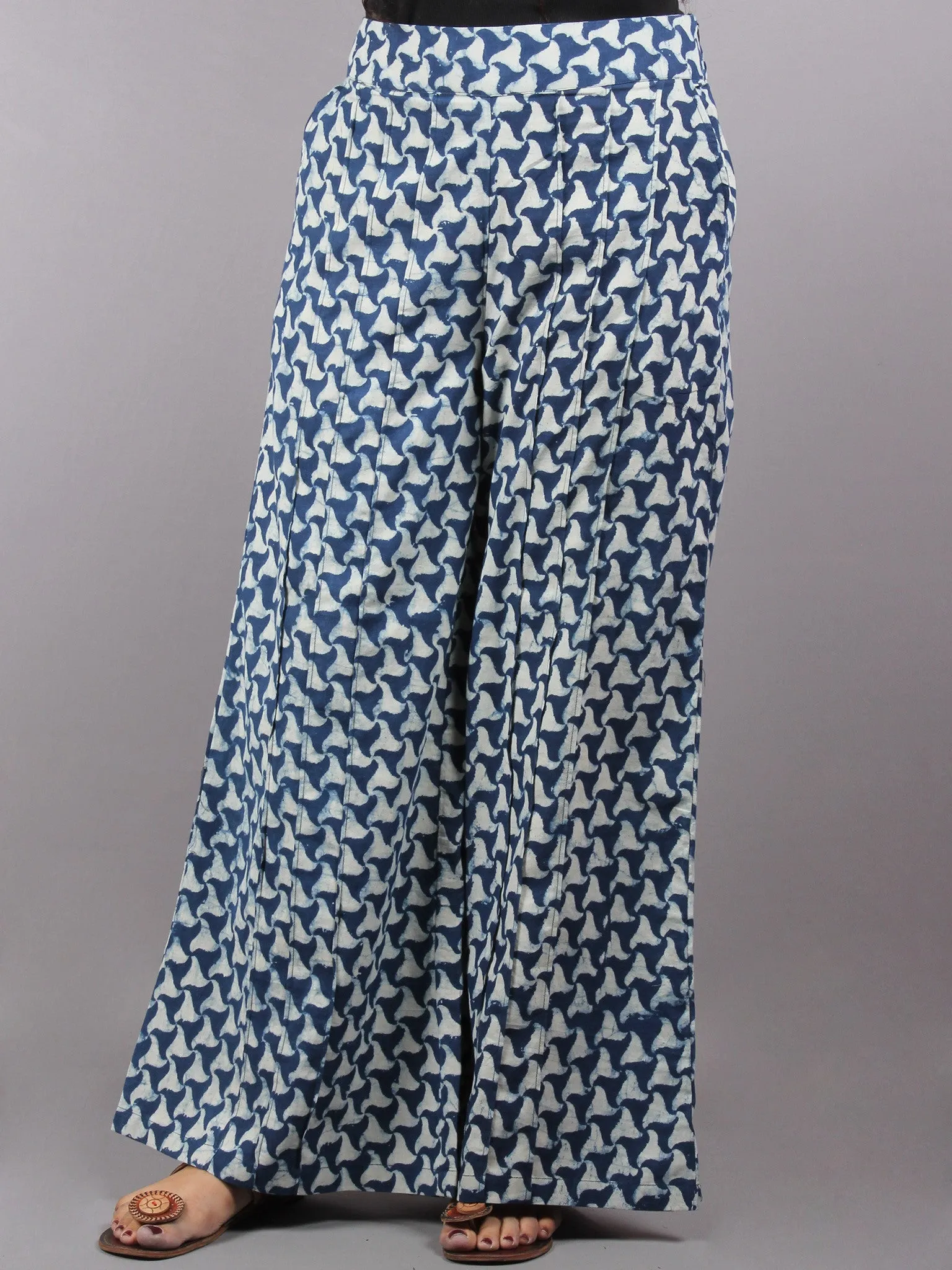 Indigo Hand Block Printed Elasticated Waist Pleated Cotton Palazzo - P1117058
