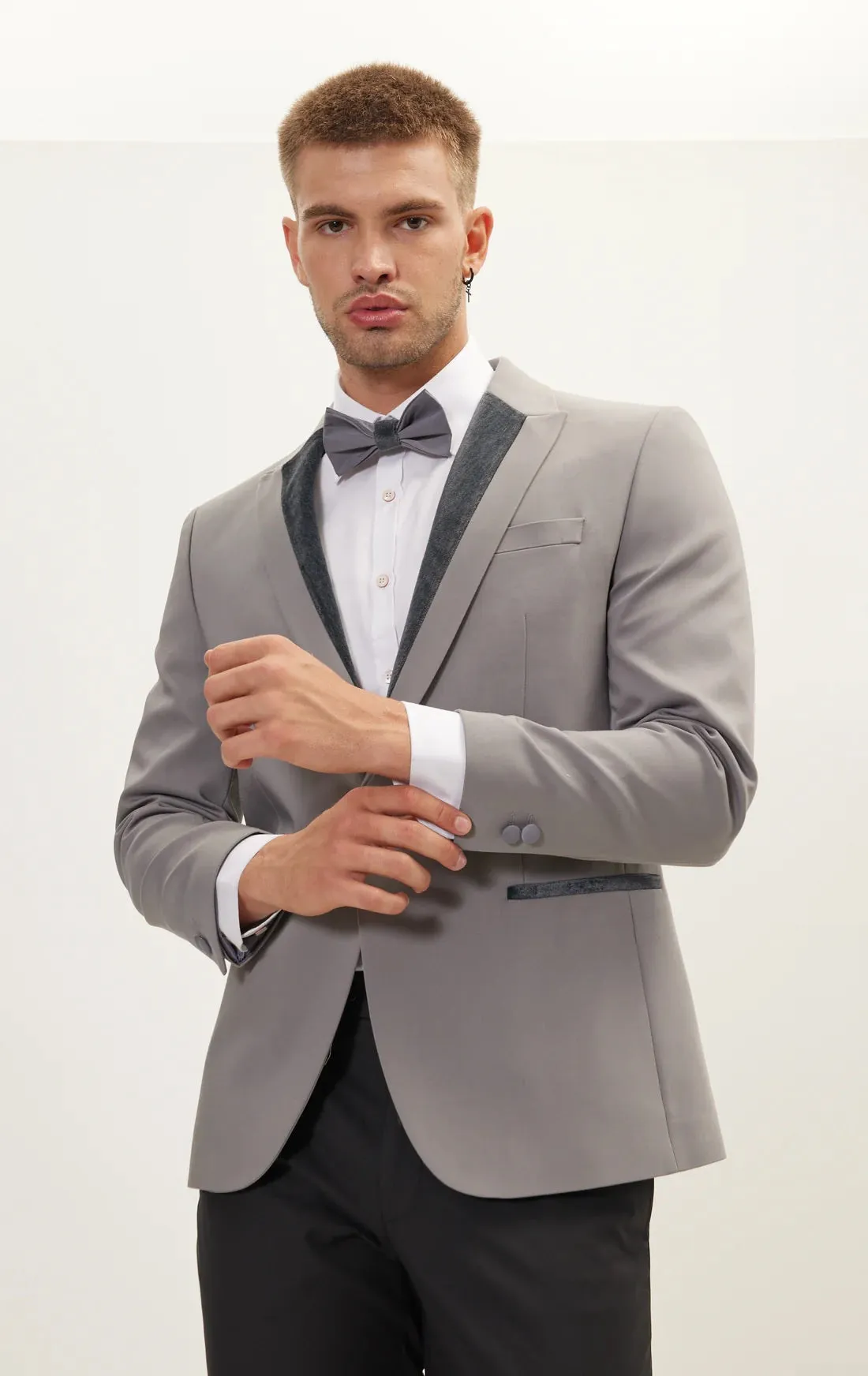 Italian Velvet Peak Lapel Tuxedo - Grey