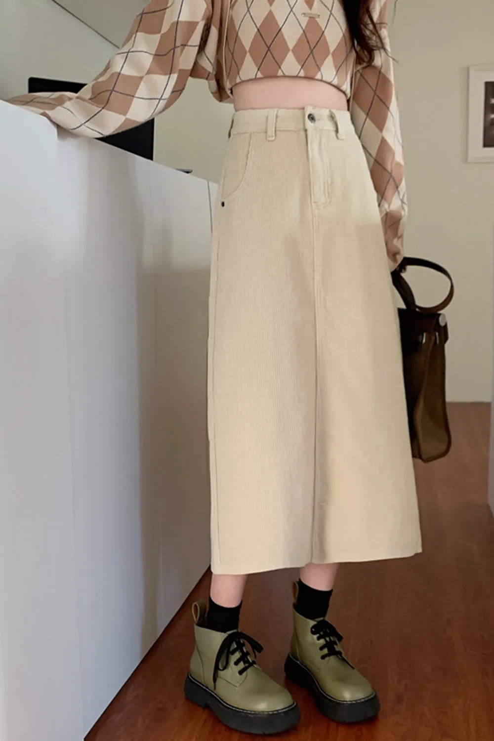 KittenAlarm - High Waist A-Line Corduroy Long Skirts