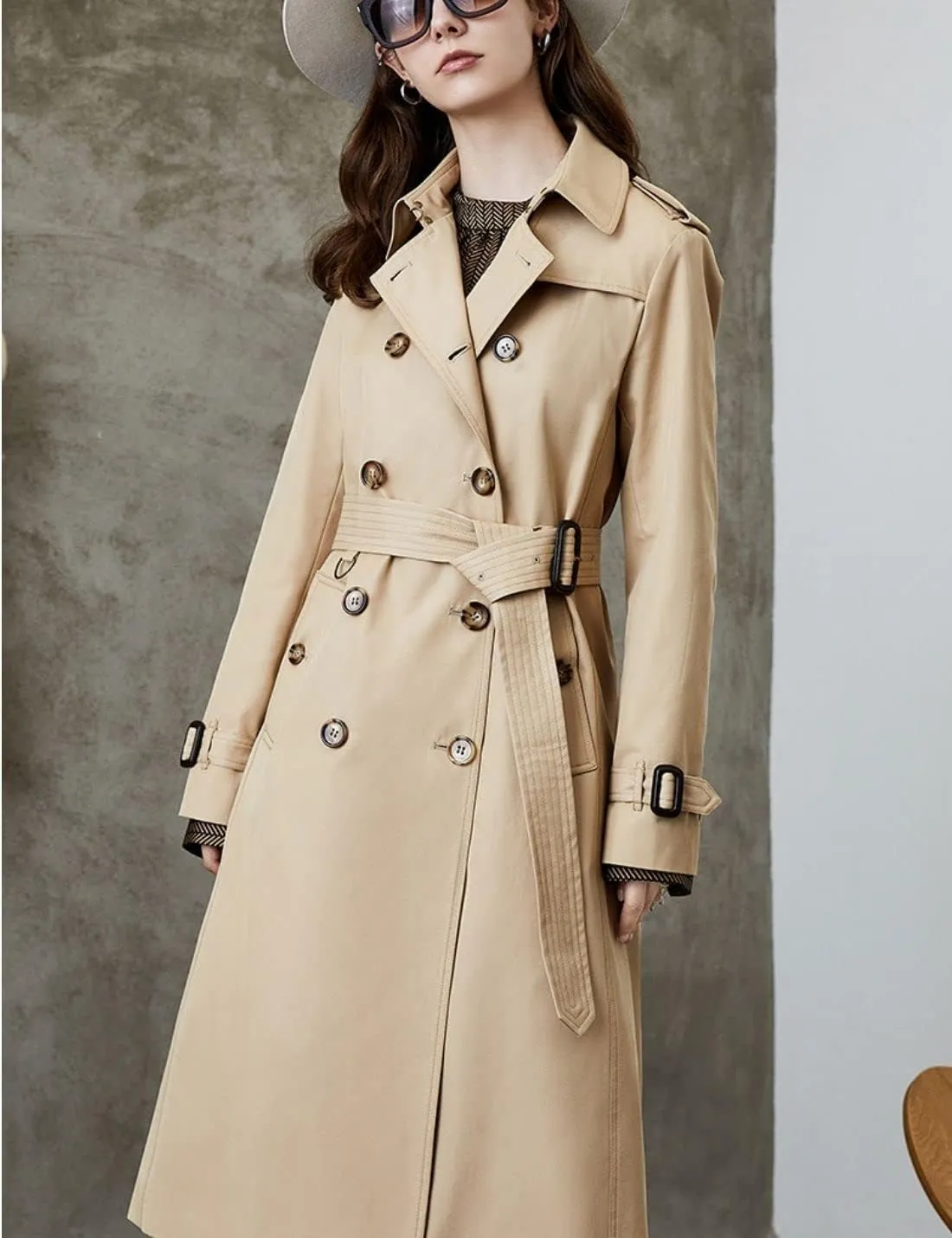 Kwoki Women's Long Trench Coat Double Breasted Classic Slim Lapel Overcoat with Belt