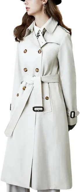 Kwoki Women's Long Trench Coat Double Breasted Classic Slim Lapel Overcoat with Belt