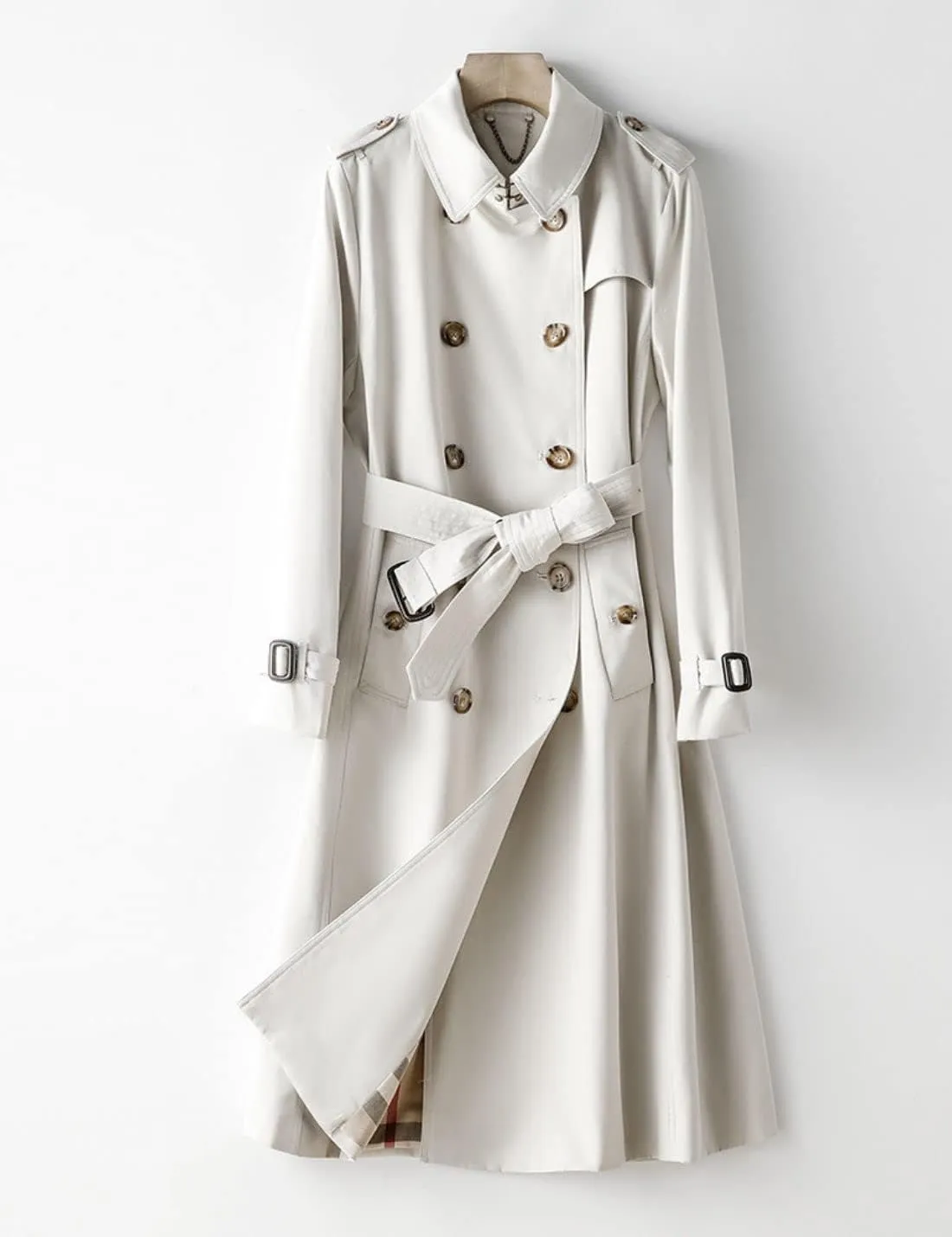 Kwoki Women's Long Trench Coat Double Breasted Classic Slim Lapel Overcoat with Belt